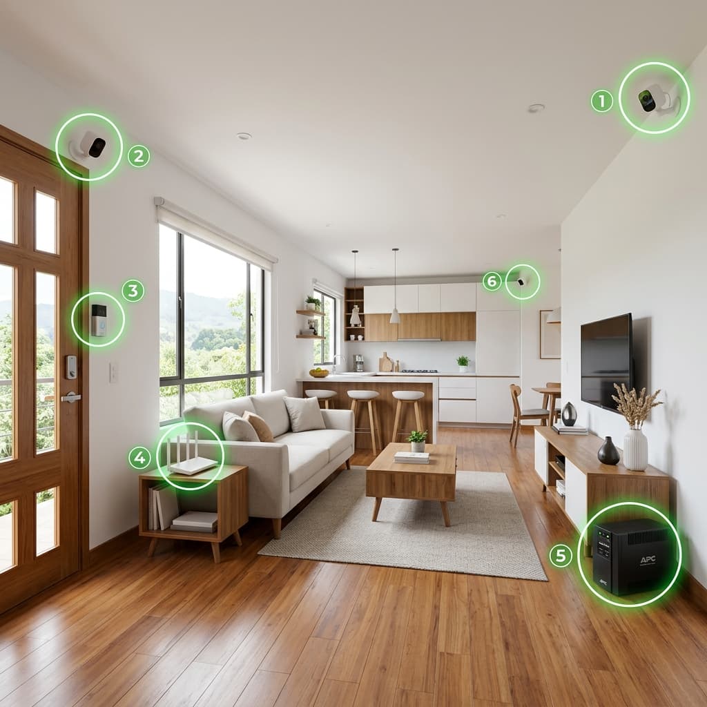 Hogar con sistema de seguridad instalado — cámaras IMOU, router WiFi y UPS Forza