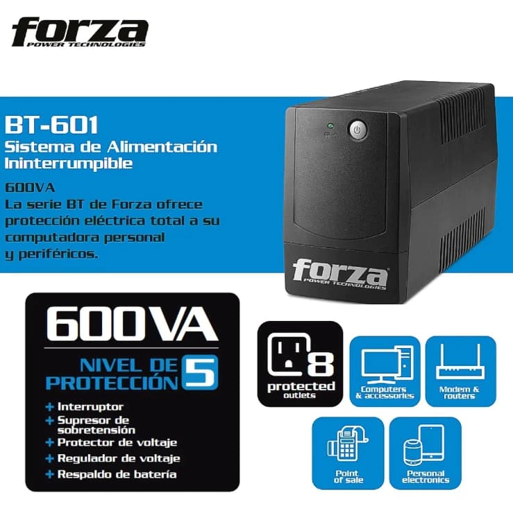 Ups Interactiva Forza Bt-601, 600va/360w, 8 Tomas, Regulador Color Negro